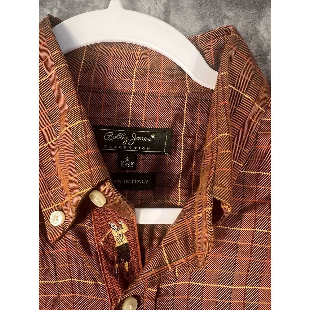 Bobby Jones Collection Mens Small Orange Brown Check Woven in Italy Golf Shirt - Picture 4 of 9